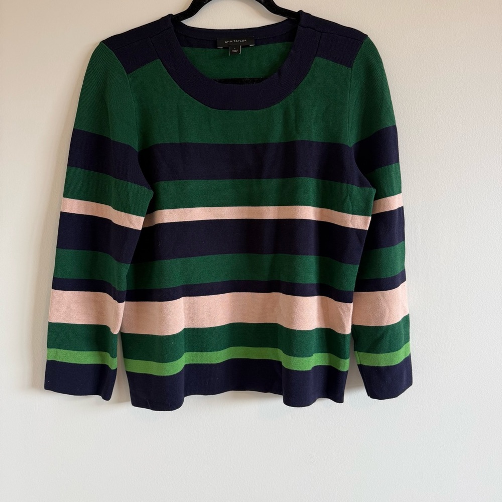 ANN TAYLOR Green and Navy Striped Sweater Women’s Size large